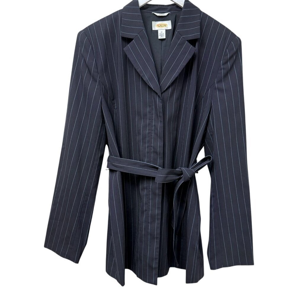 Vintage Talbots Womens Navy Pinstripe Jacket Size 10 Wool Blend Blazer Belted